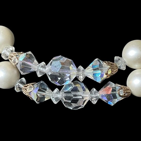 Vintage Double 2 Strand AB Bead & Faux Pearl Choker Necklace Rhinestone Accent - Picture 4 of 5